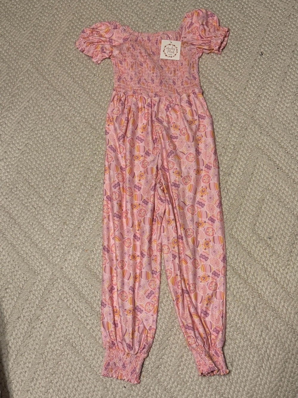 NWT, Cheeky Plum, Easter egg Smocked Puff-Sleeve Jumpsuit, size 7